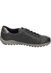 Schwarzer Schnürschuh aus strukturiertem Leder mit runder Zehenpartie, grauen Akzenten und einer robusten Sohle mit auffälligem Profil.