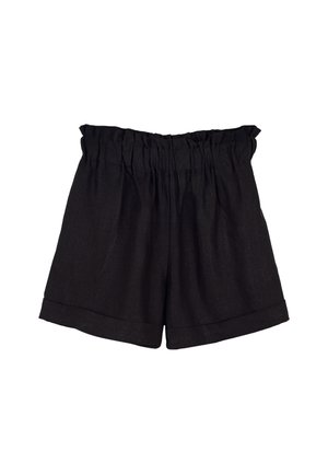 Pantaloncini neri a vita alta in stile paperbag con vita elastica arricciata e orli risvoltati, mostrati su uno sfondo bianco.