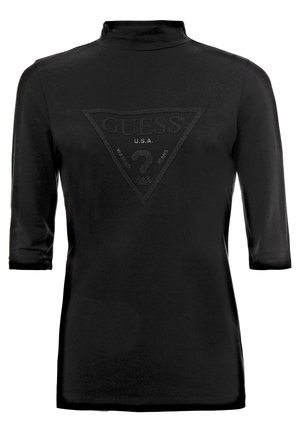 Col roulé noir ajusté à manches trois-quarts, présentant un logo Guess U.S.A. en relief ton sur ton et un point d'interrogation à l'intérieur d'un triangle sur la poitrine.