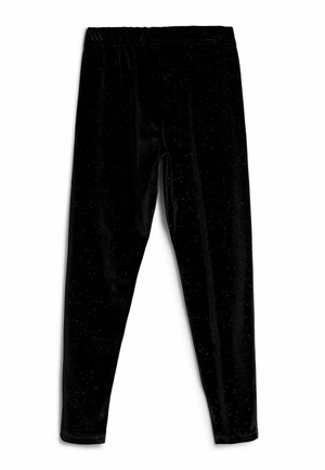 Leggings in velluto nero con dettagli scintillanti sottili e vita elastica, mostrati distesi su uno sfondo bianco.