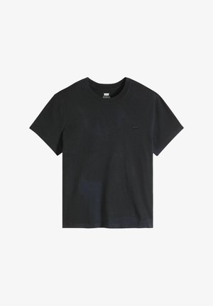 Zwart katoenen T-shirt met korte mouwen, voorzien van een ronde hals en een klein logoplaatje op de linkerborst. Zachte textuur, casual pasvorm.