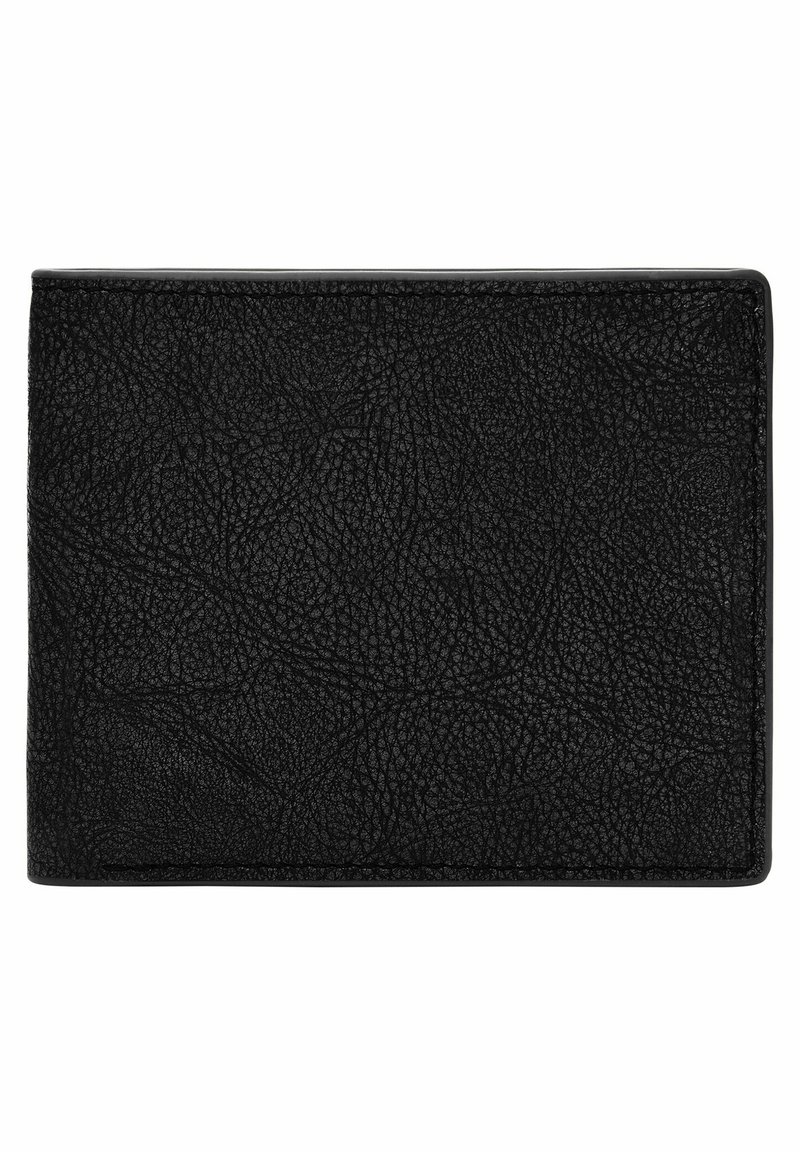 Portefeuille en cuir noir avec une surface texturée, de forme rectangulaire et aux bords arrondis. Pas de matériel ou d'accents visibles.
