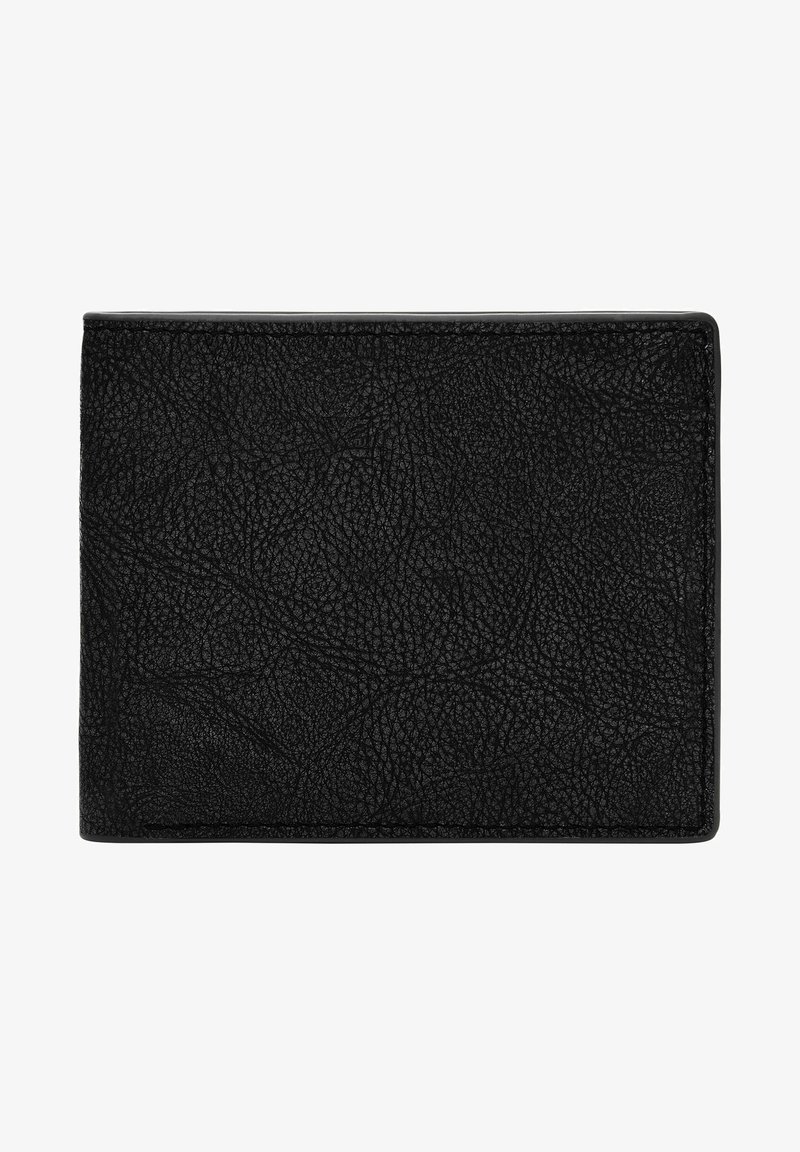 Černá kožená peněženka s texturovaným povrchem, obdélníkovým tvarem a zaoblenými okraji. Žádné viditelné kovové doplňky nebo akcenty.