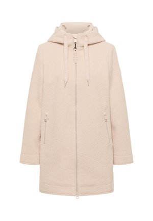 Light beige fleece coat with a hood, featuring a zip front, two side pockets, and drawstring accents on the hood, providing a soft texture.