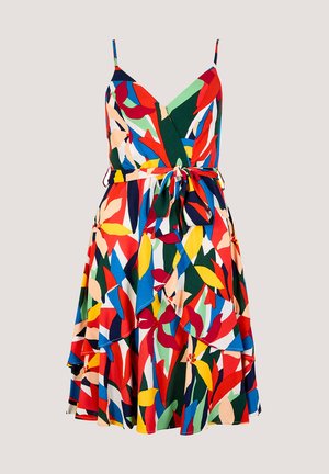Robe sans manches avec décolleté en V et ceinture à nouer, présentant un motif abstrait coloré de feuilles en rouge, bleu, jaune, vert et crème.