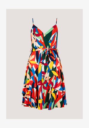 Robe sans manches avec décolleté en V et ceinture à nouer, présentant un motif abstrait coloré de feuilles en rouge, bleu, jaune, vert et crème.
