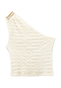 Asymmetriska vita top med texturerad tyg, med ett enda axelband och detaljer i guld för säker stängning.