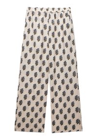 Pantalons beiges clairs avec une taille élastiquée, présentant un motif floral répétitif en bleu et marron. Fabriqués en tissu lisse.