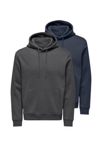 Twee hoodies: één donkergrijs en één marineblauw. Beide hebben een voorzak, trekkoorden en een zachte, gladde textuur.