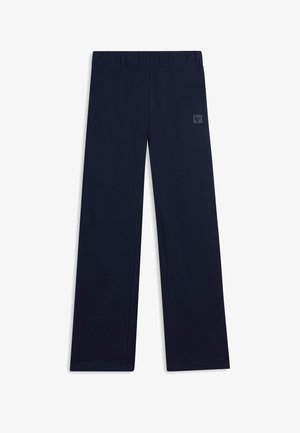 Pantalones de pierna recta color azul marino con cintura elástica y un pequeño logo en la parte superior del muslo derecho.