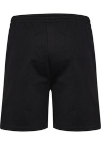 Svarta simshorts med en enkel design, elastisk midja och slät struktur. Inga mönster eller detaljer närvarande.