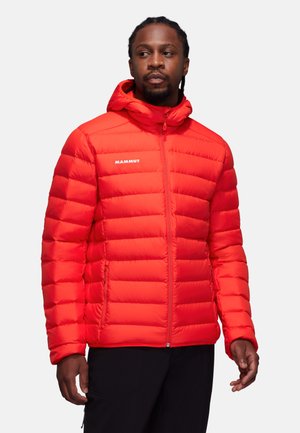 Red puffer jacket with horizontal quilted design, zip-up front, and hood. Features "MAMMUT" logo and two side pockets.