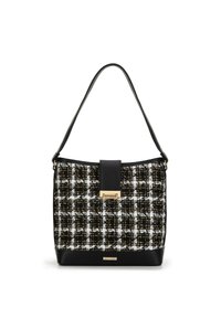Torebka w wzór houndstooth z czarną skórzaną lamówką, złotymi elementami metalowymi i płaskim paskiem. Posiada sztywną formę i magnetyczne zapięcie.