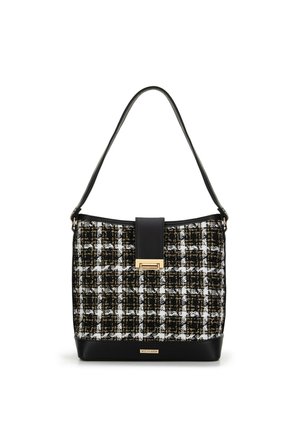 Houndstooth-patterned handbag with black leather trim, gold hardware, and a flat strap. Features a structured shape and magnetic closure.