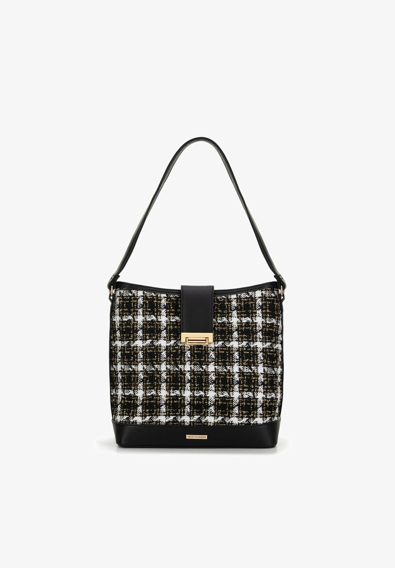 Torebka w wzór houndstooth z czarną skórzaną lamówką, złotymi elementami metalowymi i płaskim paskiem. Posiada sztywną formę i magnetyczne zapięcie.