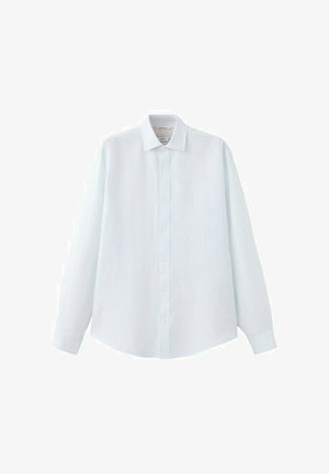 Valkoinen pitkähihainen nappipaita, jossa on kaulus ja kalvosimet, esitettynä litteinä valkoista taustaa vasten.