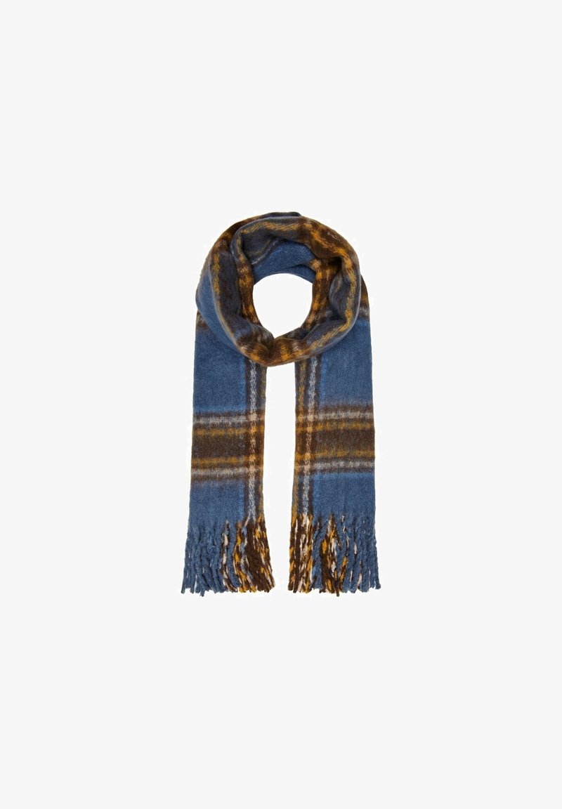 Écharpe en laine douce à carreaux bleu, marron et moutarde, avec des extrémités à franges, pliée en boucle sur un fond blanc.