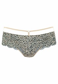 Beige en teal ondergoed met luipaardprint, voorzien van een golvende rand en smalle beige bandjes. Gelaagde stof met een gladde afwerking.