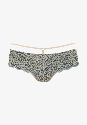 Leopardenmuster-Lingerie in Beige und Türkis, mit gewelltem Rand und schmalen beigen Trägern. Texturierter Stoff mit glatter Oberfläche.
