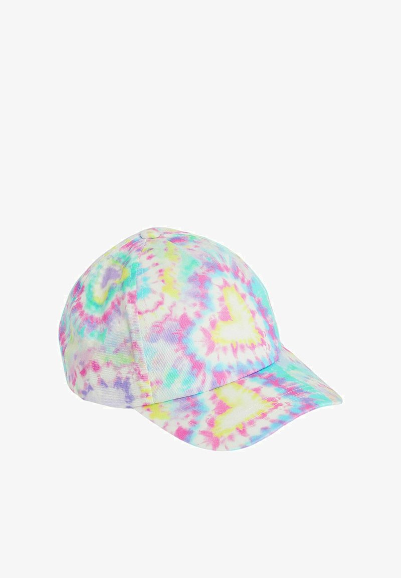 Mugav tie-dye müts pastellivärvides, millel on ümmargune kroon, kõver ääreosa ja pehme puuvillane kangas, millel on roosa, sinine, roheline ja kollane keerutamine.