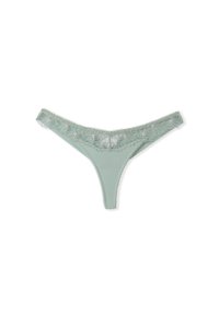 Mintgrüner Spitzen-Thong mit floralem Stickerei am Bund. Weicher, strukturierter Stoff mit gewellten Spitzenkanten.