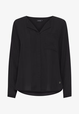 Black long-sleeve blouse with a pointed collar, front pocket, and rounded hem. Made of lightweight fabric; features a subtle sheen.