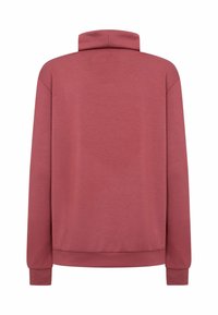 Mikina v ružovej farbe, vyrobená z mäkkej látky. Má vysoký golier a dlhé rukávy, zakončené rebrovanými manžetami a lemom.