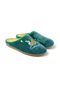 Zapatillas de casa verdes y peludas con una textura suave, que presentan un diseño de dibujos animados y texto, y una suela de goma beige. Acentuadas con un borde verde.