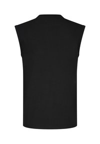 Black sleeveless top with high round neckline, smooth fabric, and straight hem shown from the back against white background.