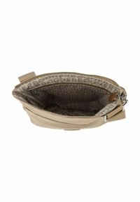 Beige zippered bag with a textured exterior, featuring a logo-patterned lining and a flat strap for carrying.