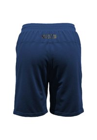 Shorts sportivi blu navy con vita elastica, caratterizzati da una texture liscia e un accento logo nero sul retro.