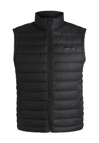 Black padded vest with high collar and full-length zipper. Features horizontal seam pattern and a subtle logo on the chest.