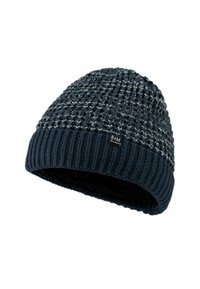 Strickmütze in dunklem Marineblau mit einem strukturierten Muster und einem gerippten Bündchen. Verfügt über ein kleines, seitlich aufgenähtes Markenetikett. Weicher und warmer Stoff.