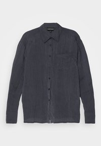 Dark gray button-up shirt with long sleeves, textured fabric, front pocket, and a classic point collar. Black buttons adorn the placket.