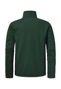 Dunkelgrüne langärmelige Zip-Jacke mit hohem Kragen, von hinten auf einem weißen Hintergrund gezeigt.