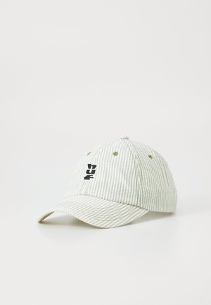 Striped green and white baseball cap made of fabric, featuring a curved brim and black embroidered logo on the front.