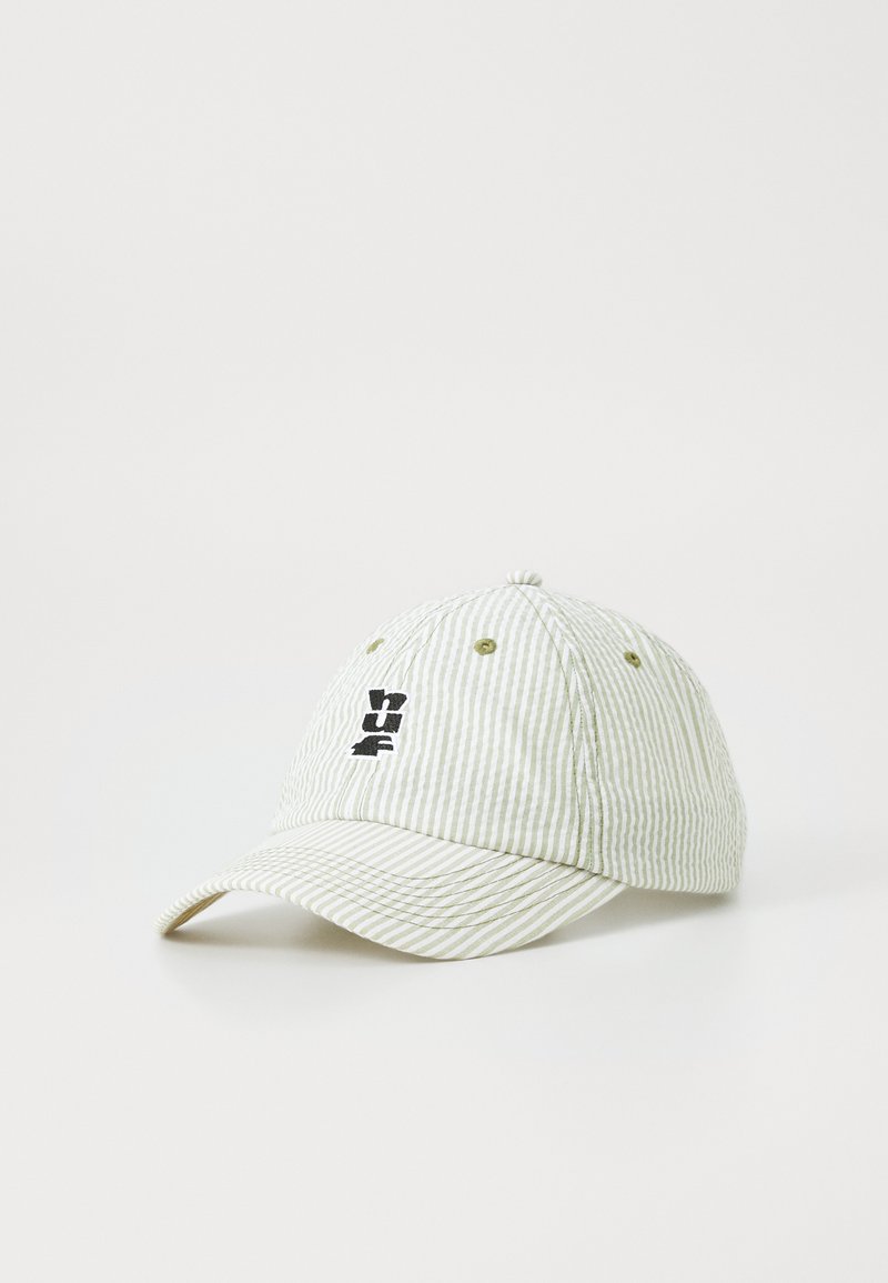 Stribet grøn og hvid baseballkasket lavet af stof, med en buet skygge og sort broderet logo på forsiden.