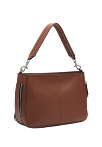 Brown leather shoulder bag with a structured design, prominent stitching, and a zippered pocket on one side. Adjustable strap included.