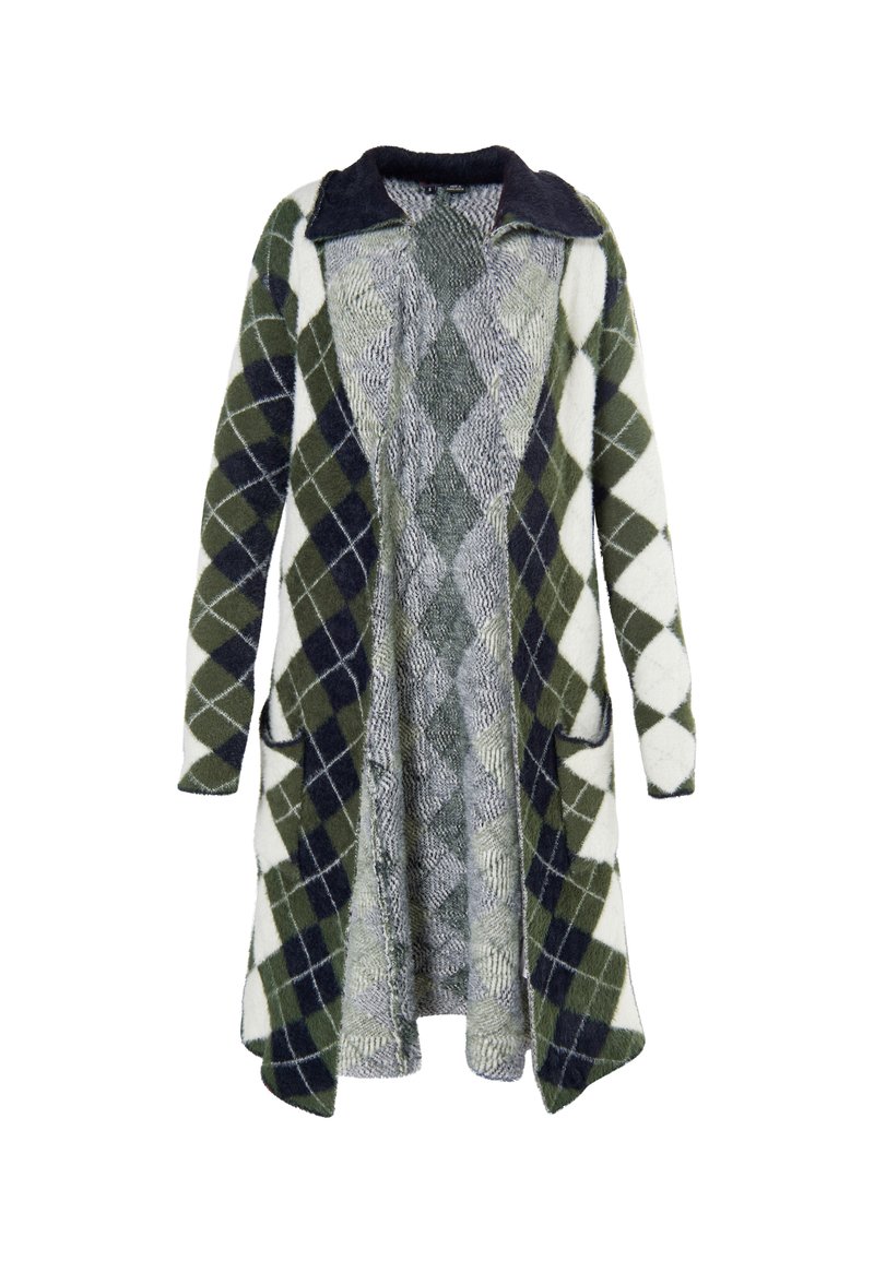 Lång cardigan i mjukt, texturerat tyg med ett grönt och vitt rutmönster, mörk krage och två framfickor.