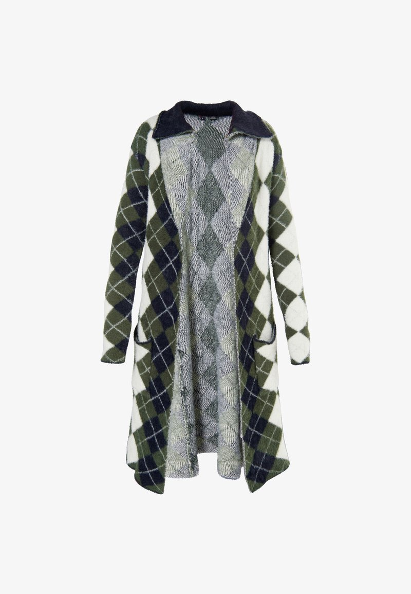 Ilgas kardiganas, pagamintas iš minkštos, tekstūruotos medžiagos, su žalia ir balta argyle raštų, tamsiu apykakle ir dviem priekiniam kišenėm.