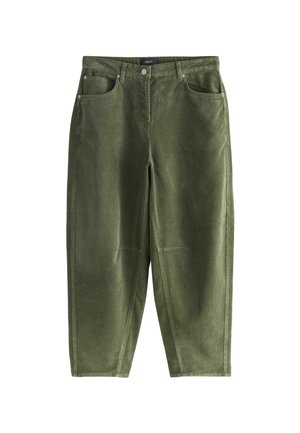 Olivgrüne Cordhose mit entspanntem Schnitt, fünf Taschen und sichtbaren Nähdetails. Der Stoff hat ein weiches, strukturiertes Aussehen.