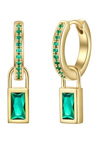 Zelta riņķa auskari ir izrotāti ar zaļiem dārgakmeņiem augšpusē un zemāk ir taisnstūra smaragda griešanas akmens. Gluda metāliska apdare.