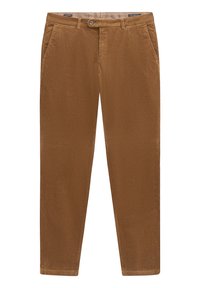 Braune corduroy Hosen mit geradem Schnitt, ausgestattet mit zwei seitlichen Taschen und einem Knopfverschluss an der Taille.