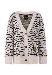 Gestrickte Strickjacke mit beigem und schwarzem Zebramuster, bunten Stern- und Herzverzierungen, V-Ausschnitt und gerippten Bündchen mit kontrastierenden Akzenten.