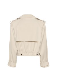 Beige verkürzte Jacke mit breitem Kragen, geraffter Taille und Knopfakzenten. Sie hat umgeschlagene Ärmel und ein entspanntes, strukturiertes Design.