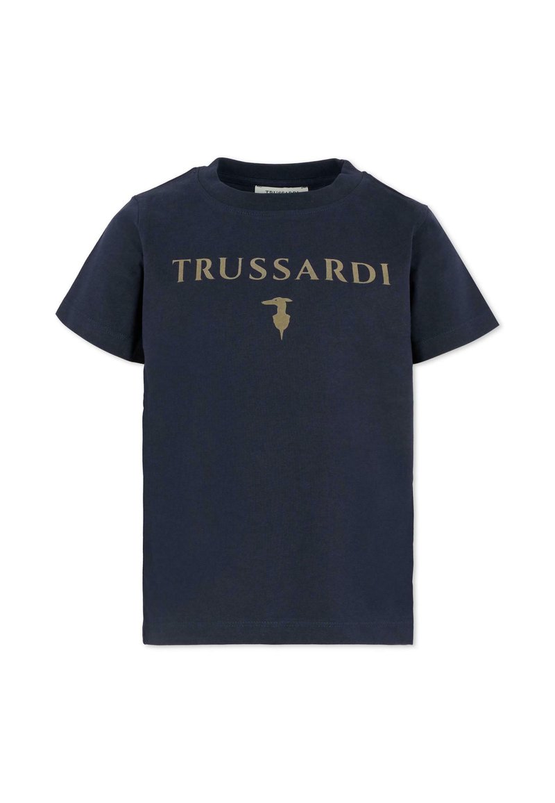 Granatowa bawełniana koszulka z krótkim rękawem, z klasycznym okrągłym dekoltem, z złotym logo "TRUSSARDI" i herbem z przodu.