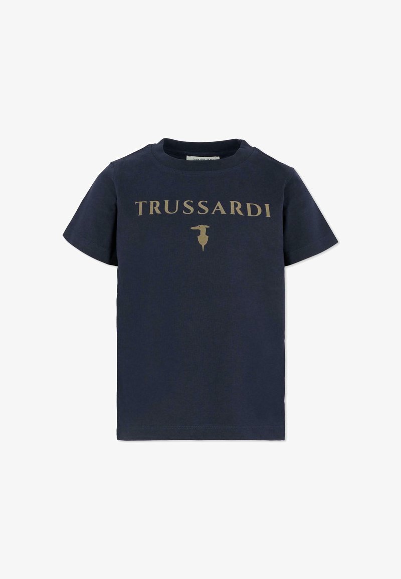 Granatowa bawełniana koszulka z krótkim rękawem, z klasycznym okrągłym dekoltem, z złotym logo "TRUSSARDI" i herbem z przodu.