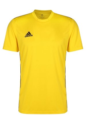 Żółta sportowa koszulka Adidas z krótkim rękawem, okrągłym dekoltem i czarnym logo Adidas na lewej piersi.