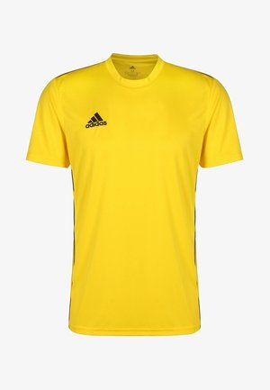 T-shirt de sport jaune Adidas à manches courtes, col rond et logo Adidas noir sur la poitrine gauche.