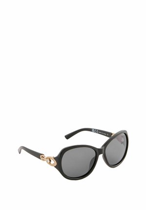 Lunettes de soleil noires avec une finition brillante, forme surdimensionnée, verres gris et détail en métal doré sur les branches.